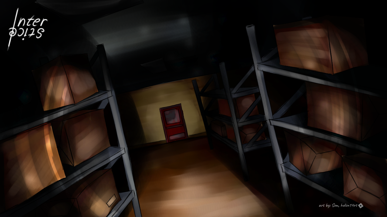 Interstice — a dim liminal-horror storage room with metal shelving, boxes, and a glowing red door at the end of a warmly lit corridor